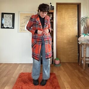 Susina Red and Black Plaid Long Coat